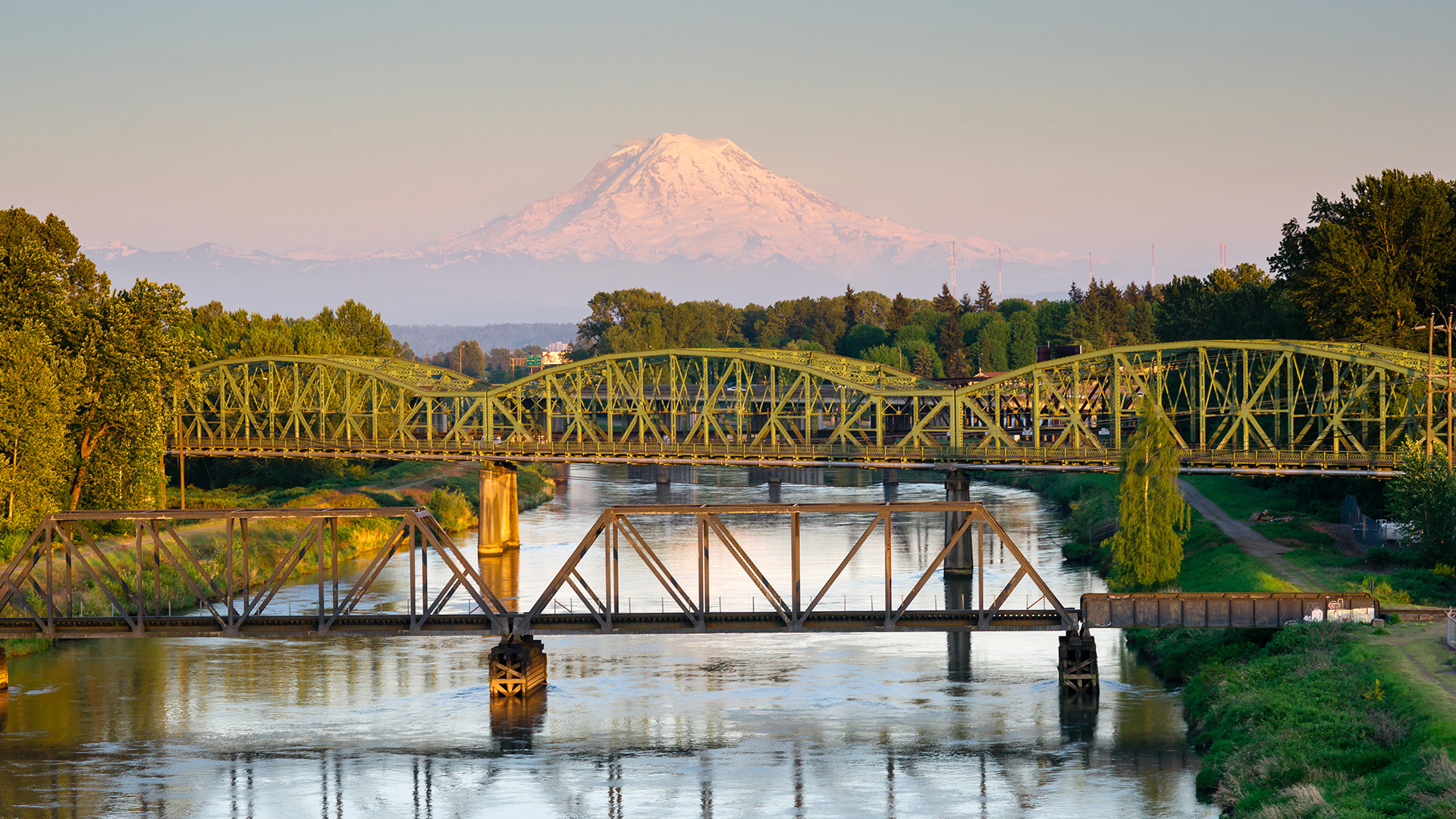 Railroad bridge with Mt. Rainier in background